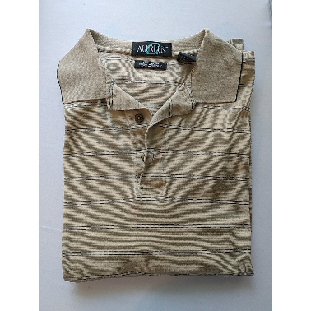 Aureus Polo Shirt Men's Large Egyptian Cotton Tan with Black/white stripes